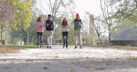青少年团体散步使用智能手机情侣牵手户外早秋公园视频的预览图