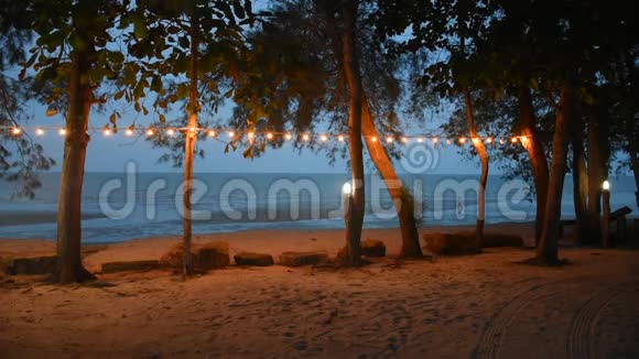 度假村树上有海和灯装饰的海滩视频的预览图