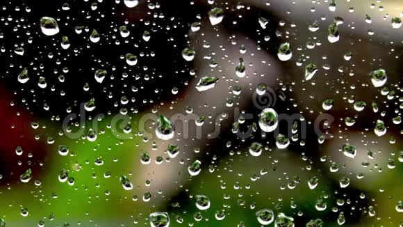 在绿色背景的窗户玻璃上滴下的雨水视频的预览图