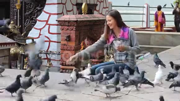 一个喂鸽子的年轻女孩视频的预览图