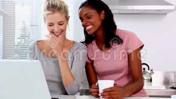 两个朋友聊天和使用笔记本电脑视频的预览图