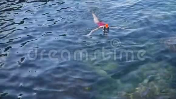 年轻女子穿着红色泳衣在蓝色热带海水中浮潜视频的预览图
