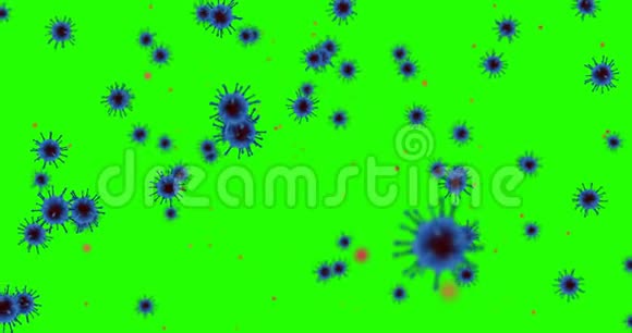 3D绘制动画蓝色冠状病毒细胞covid19流感在色度键绿色屏幕背景上流动为危险流感视频的预览图