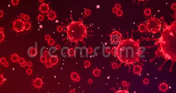 3D绘制动画红色冠状病毒细胞covid19型流感在暗红色梯度背景下流动为危险流感株视频的预览图