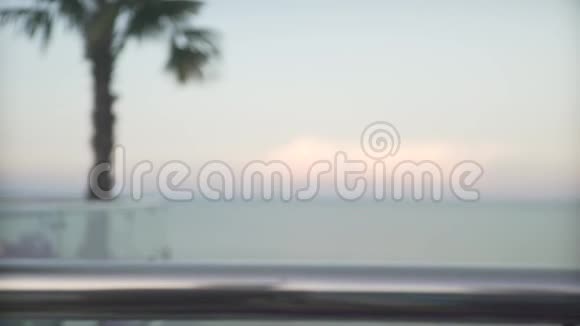 从屋顶玻璃窗阳台望着一片美丽而稳定的黄昏日落棕榈树生长视频的预览图