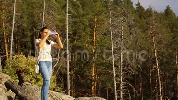 阳光明媚的一天一对年轻夫妇在松树林里的石头上散步视频的预览图