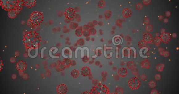 3D绘制动画冠状病毒细胞covid19型流感在灰色梯度背景下流动作为危险流感菌株病例视频的预览图