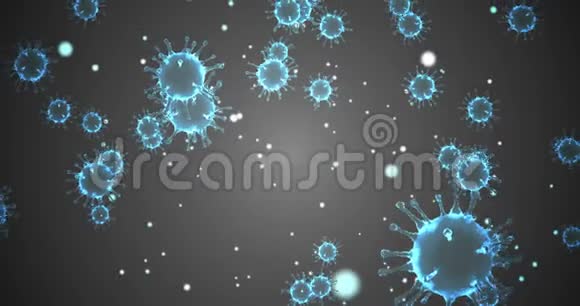 3D绘制动画蓝色冠状病毒细胞covid19型流感在灰色梯度背景下流动为危险流感菌株视频的预览图