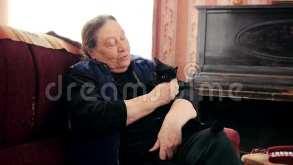 家中老太太的肖像老太太坐在沙发上黑猫关门视频的预览图
