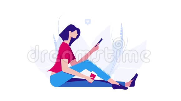 女孩端着一杯咖啡坐着浏览网页视频的预览图