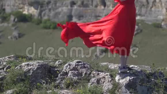 在地平线的背景上穿着猩红裙子的奢华女人视频的预览图