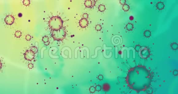 3D绘制动画冠状病毒细胞covid19流感在彩色梯度背景下流动作为危险流感菌株病例视频的预览图