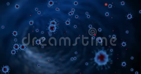 3D绘制动画蓝色冠状病毒细胞covid19流感在抽象的蓝色背景上流动红色细胞是危险的视频的预览图