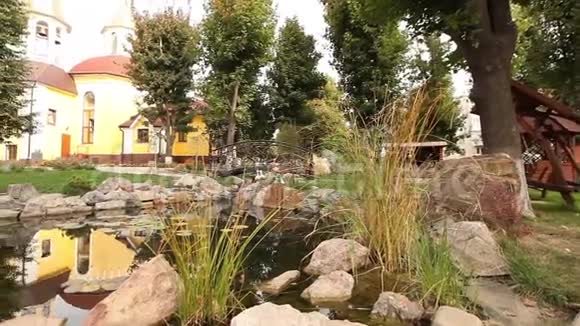 公园里的一个小池塘装饰的池塘池塘上的观赏桥水中的睡莲背景视频的预览图