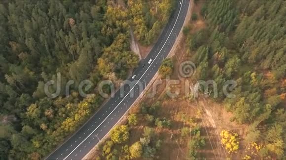 无人驾驶飞机在森林中弯曲的道路视频的预览图