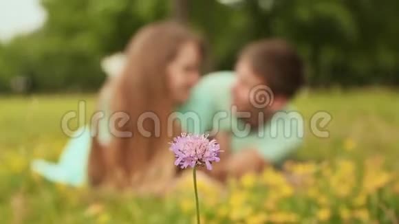 躺在草地上的人和女孩前景紫花中视频的预览图