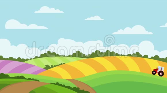 黄绿紫种植蓝天和缓慢移动的云田的景观插图背景视频的预览图