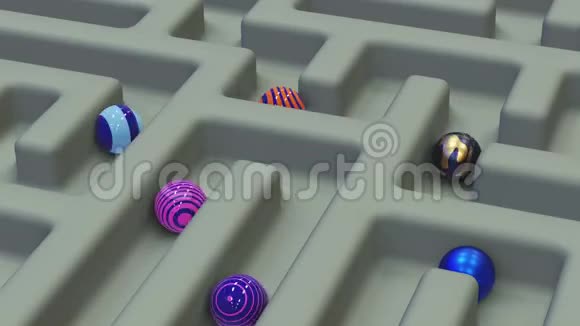 抽象迷宫背景与彩色球与各种模式真实感三维渲染视频的预览图