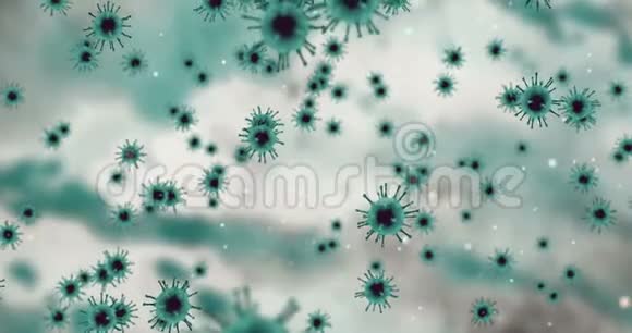 3D绘制动画浅绿色冠状病毒细胞covid19流感在抽象的绿色背景上流动白色细胞为白色细胞视频的预览图