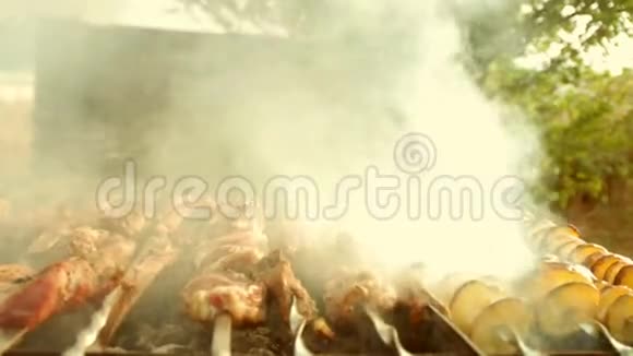 烧烤上有美味的烤肉和土豆烧烤派对木炭烤架视频的预览图