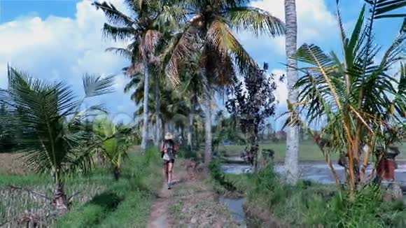 带着相机走在巴厘岛稻田间的小路上的女孩视频的预览图