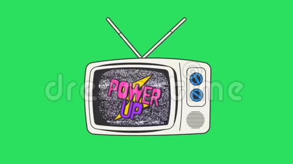 动画粉红文字电源在白色电视与绿色背景视频的预览图