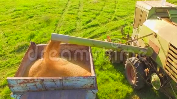 空气视图农场机械在收获时在绿田作业视频的预览图