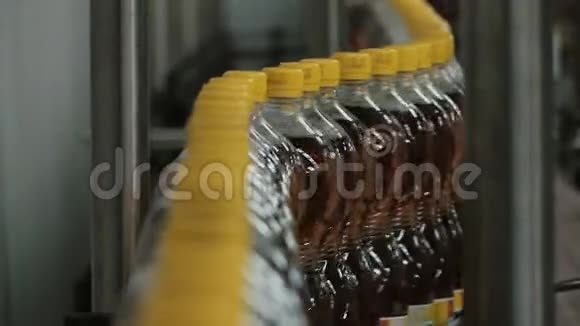 在工厂输送机上生产带果汁的塑料瓶视频的预览图