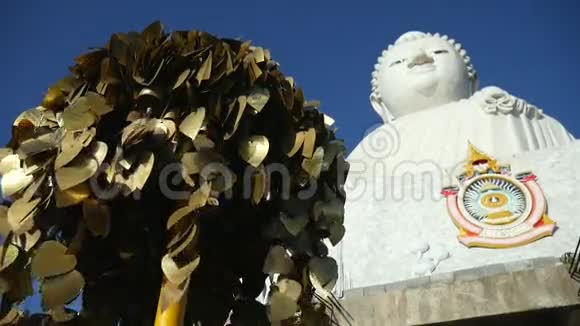 泰国普吉岛金属叶愿树和白色大佛像著名的佛教和旅游场所景观视频的预览图