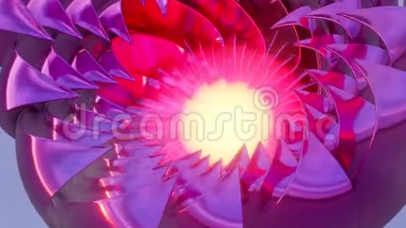 运动环粉红色花由金属抽象开和关闭与明亮的发光核心几何图案真实感3视频的预览图