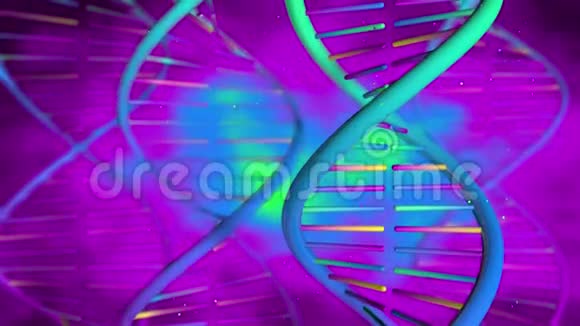 背景紫色绿色蓝色和黄色的DNA序列缓慢旋转而相机正在下降视频的预览图
