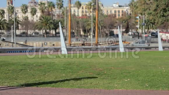 年轻女性穿着一件红色手提包的裙子穿在巴塞罗那码头公园的背景上带着智能手机走路然后见面视频的预览图
