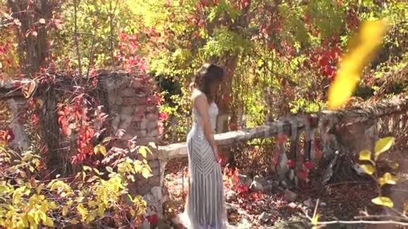 秋天穿着银色晚礼服的女孩走在一个废弃的公园里视频的预览图