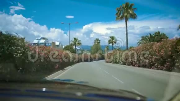 度假小镇在美丽的道路上从汽车上观看阳光明媚的一天开车度假视频的预览图