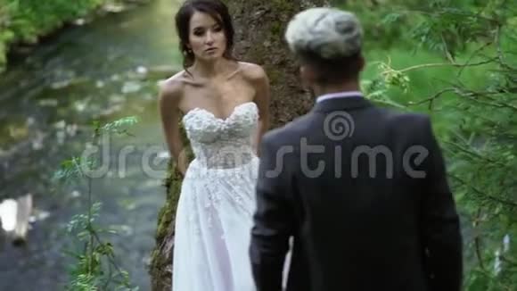 年轻夫妇拥抱在瀑布附近视频的预览图