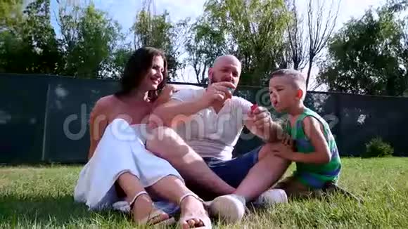 幸福家庭的肖像一家人坐在草坪上玩肥皂泡爸爸手里拿着泡泡视频的预览图