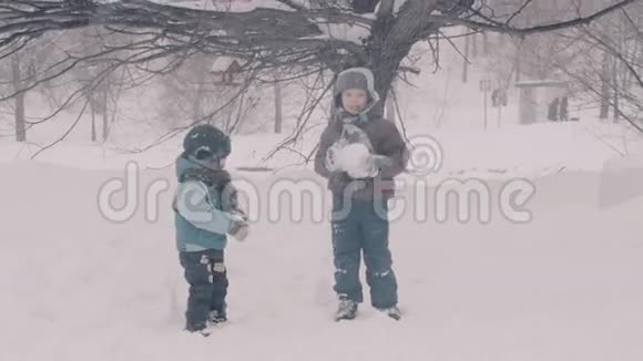 一个孩子在雪地里公园里玩耍两个男孩的肖像视频的预览图