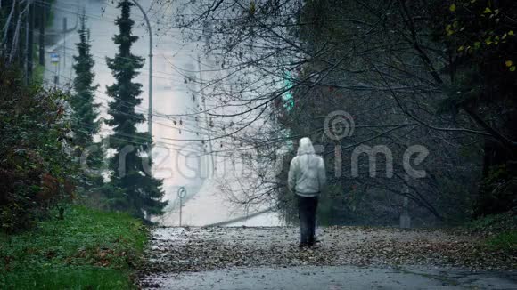 下雨天男人在山下散步视频的预览图
