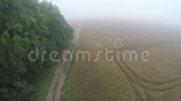 雾蒙蒙的早晨无人机降落在乡村碎石路上视频的预览图