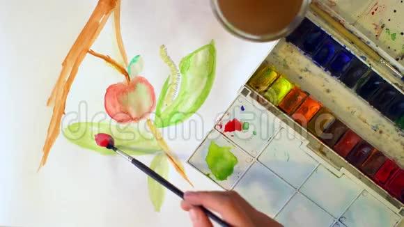 一个年轻的女孩在一张白纸上画水彩颜料用刷子瓢虫上景视频的预览图
