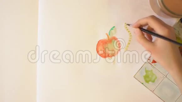 一个年轻的女孩在一张白纸上画水彩颜料用刷子绿色毛毛虫上景视频的预览图