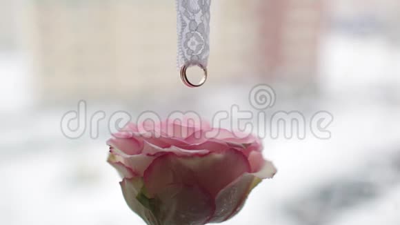 挂在玫瑰上的绳子上的结婚戒指视频的预览图