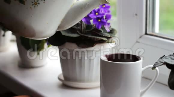 一个老式的老茶壶在窗台上的杯子里倒着开水背景是美丽的开花的紫罗兰视频的预览图