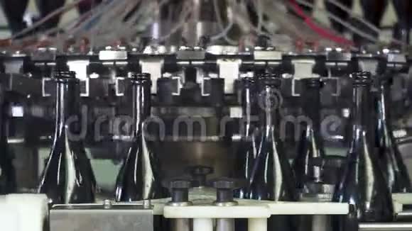 工厂传送带上的香槟瓶装瓶用洗瓶视频的预览图