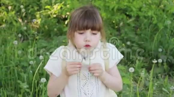 小美女在夏日吹两朵白蒲公英视频的预览图