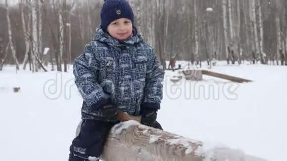冬天公园下雪时在木跷跷板上微笑着小可爱的男孩视频的预览图