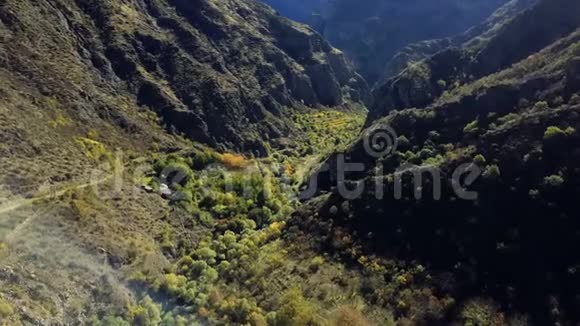 空中无人驾驶飞机拍摄的森林在山与河之间和废弃的修道院下面视频的预览图