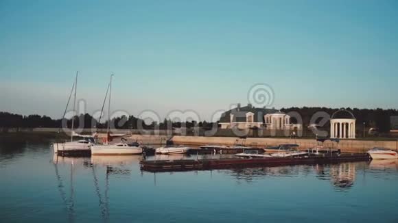 夏季的木墩站在岸边的帆板在大自然中的早晨视频的预览图