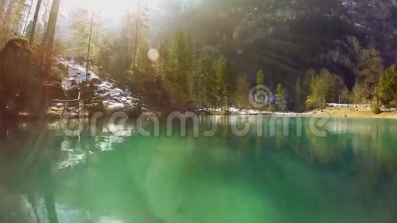 湖景胜地池塘绿松石水自然背景鸟瞰飞越视频的预览图