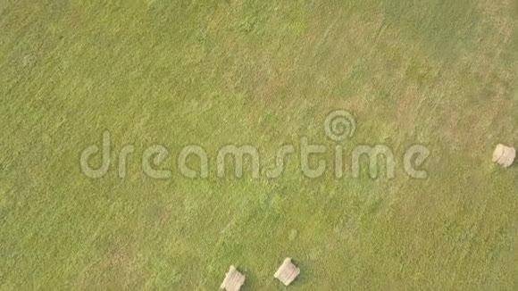 干草堆上的稻草收割小麦后夏季农场风景与干草堆空中镜头视频的预览图